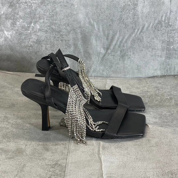 Open Edit Shoes - Open Edit Women's Black Annalise Fringe Rhinestone Faux-Leather Sandals SZ 5.5